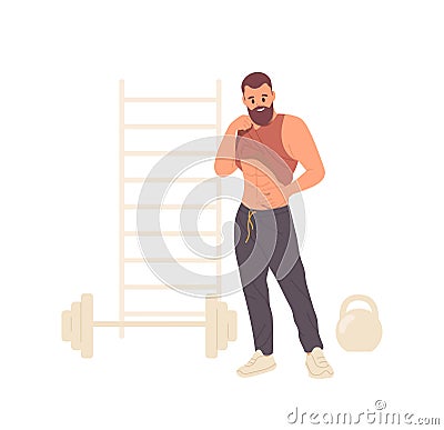 Sportive hipster man bragging his strong abs muscle after physical workout exercise at gym Vector Illustration