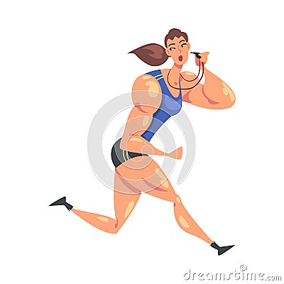 Sportive Muscular Woman Running with Whistle, Female Coach Trainer Character, Physical Workout, Healthy Lifestyle Vector Illustration