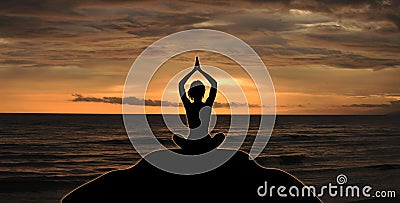 Sportive Woman Doing Yoga in Morning at Sunrise slim young girl yoga beach, female training and exercise meditation Calm Zen Stock Photo