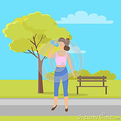 Sportive Woman Drinking Water. City Park and Bench Vector Illustration
