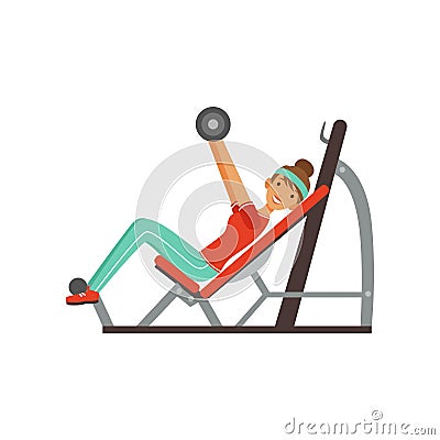 Sportive young woman character exercising with barbell on a bench press, girl working out in the fitness club or gym Vector Illustration