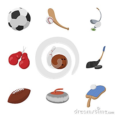 Sports accessories icons set, cartoon style Vector Illustration