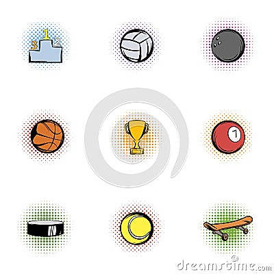 Sports accessories icons set, pop-art style Vector Illustration