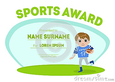 Sports Award Diploma Template, Kids Certificate with Boy Rugby Player for Competition or Sports Winner Vector Vector Illustration