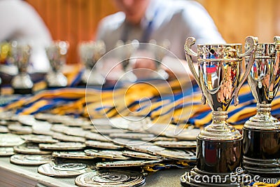 sports medals and trophies, victory and prizes Stock Photo