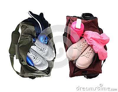 Sports bag and gym stuff on white background, top view. Collage Stock Photo