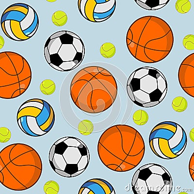 Sports ball seamless pattern. Balls ornament. Basketball and foo Vector Illustration