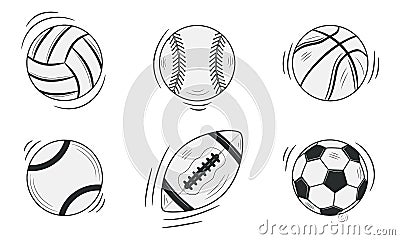 Sports balls isolated on white background. Doodle, sketch style. Vector illustration. Vector Illustration