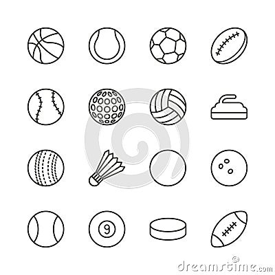 Sports balls set icon vector. Outline footbal, basketball, rugby Vector Illustration