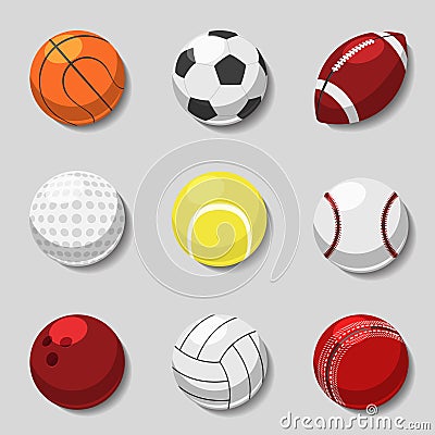 Sports balls. Vector cartoon ball set for soccer and tennis, rugby, basketball Vector Illustration