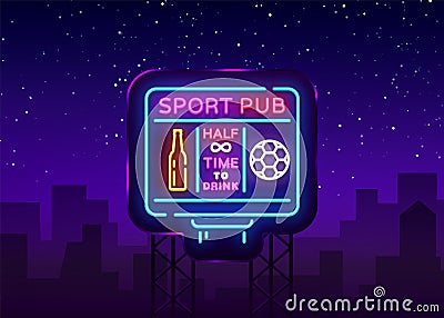 Sports bar logo neon vector. Sports pub neon sign, Football scoreboard concept, nightlife bright signboard for sports Vector Illustration