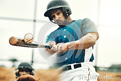 Sports, baseball and bat with a man athlete hit a fast ball and score during a game outdoor on a pitch. Sport, fitness Stock Photo