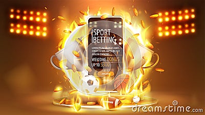 Sports betting, banner with smartphone, champion cups, falling gold coins and sport balls on gold podium. Vector Illustration