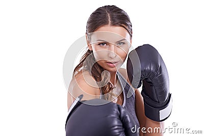 Sports, boxing gloves and portrait of woman in studio for exercise or arm muscle training. Fitness, health and young Stock Photo