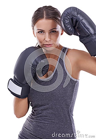 Sports, boxing gloves and portrait of woman in studio for exercise or arm muscle training. Fitness, health and young Stock Photo
