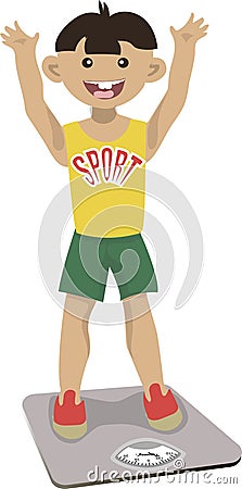 Sports boy is weighed on the scales. The boy is happy. Vector Illustration