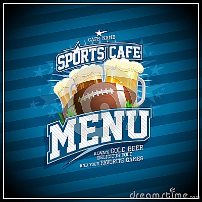 Sports cafe menu design, rugby ball and glasses of beer Vector Illustration