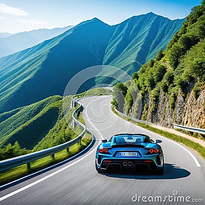 A sports car drives down a long winding Cartoon Illustration