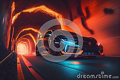 Sports car driving fast through tunnel colorful Stock Photo