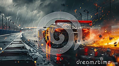 Sports car driving with fire on dark background, burning vehicle runs fast on race track at night. Flame, smoke, wreckage and Stock Photo