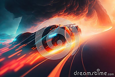 Sports car on fire on the road, speed concept, illustration generated by AI Cartoon Illustration