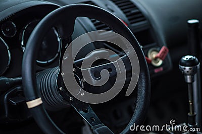 Car inside gray seats red dashboard night photography in the dark Stock Photo