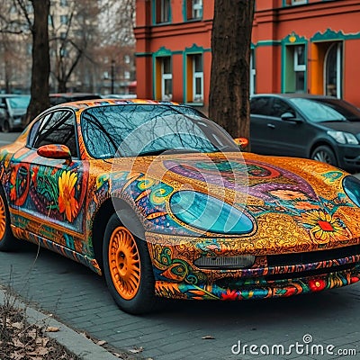 a sports car painted in the style of Ukrainian Vyshyvanka, Generative AI Stock Photo