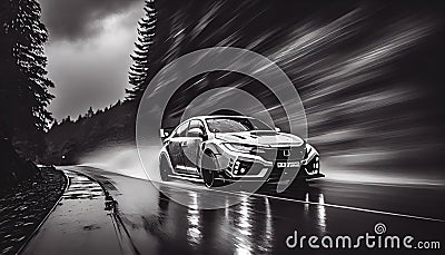 Sports car racing on wet mountain road Stock Photo