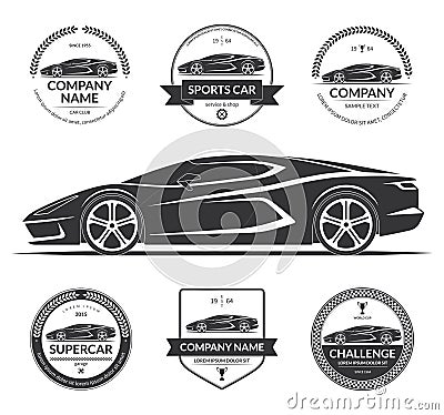 Sports car silhouette with the set of labels, emblems, logotypes. Vector Illustration