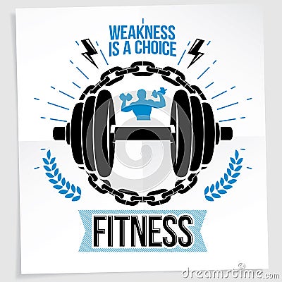 Sports center vector advertising poster composed using disc weight dumbbell and bodybuilder body silhouette surrounded by iron ch Vector Illustration