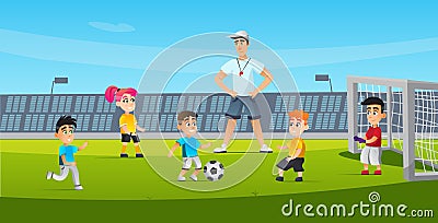 Sports for Children Soccer Training Cartoon Flat. Vector Illustration