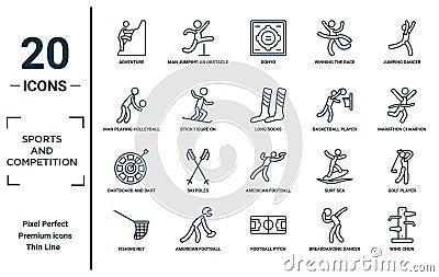 sports.and.competition linear icon set. includes thin line adventure, man playing volleyball, dartboard and dart, fishing net, Vector Illustration