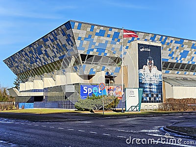 Sports complex building with a large swimming pool at Kipsala area, Riga Editorial Stock Photo