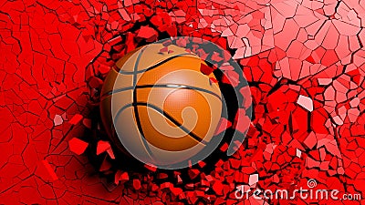 Basketball ball breaking forcibly through a red wall. 3d illustration. Cartoon Illustration