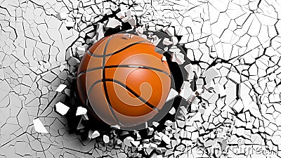 Basketball ball breaking forcibly through a white wall. 3d illustration. Cartoon Illustration