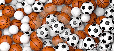 Sports concept. Basketball, volleyball and soccer balls, banner. 3d illustration. Cartoon Illustration