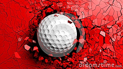 Golf ball breaking forcibly through a red wall. 3d illustration. Cartoon Illustration