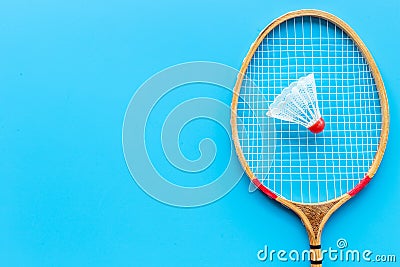 Sports eguipment of badminton racket and shuttlecock, top view Stock Photo