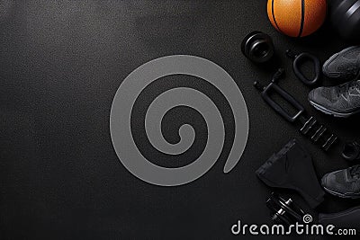 Sports equipment on black background. Top view with space for your text, Fitness background, black sport equipment for training, Stock Photo