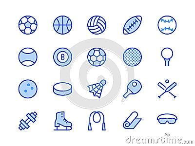 Sports Equipment Blue Line Icon. Vector Illustration Flat style. Included Icons as Sport Balls, Basketball, Handball Vector Illustration