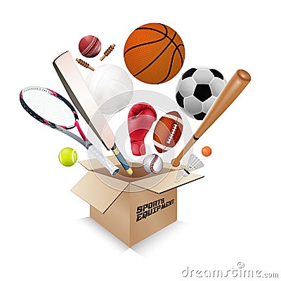 Sports equipment collection out of box Vector Illustration