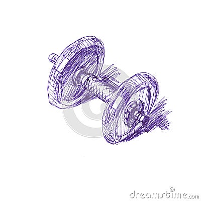 Sports equipment, fitness dumbbell, hand drawn illustration in blue ink and ballpoint pen Cartoon Illustration