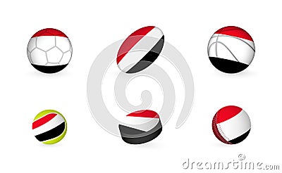 Sports equipment with flag of Yemen. Sports icon set Vector Illustration
