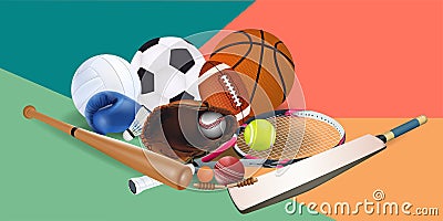 Sports equipment with a football basketball baseball soccer tennis ball volleyball boxing gloves and badminton as a symbol of Vector Illustration