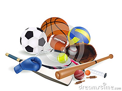 Sports equipment with a football basketball baseball soccer tennis ball volleyball boxing gloves cricket and badminton isolated on Vector Illustration