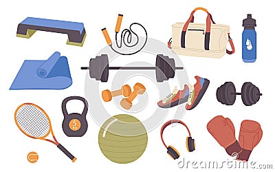 Sports equipment, gym accessories, fitness tools for cardio training isolated cartoon set on white Vector Illustration