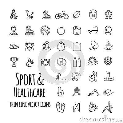 Sports, sports equipment, healthy lifestyle icons set Vector Illustration