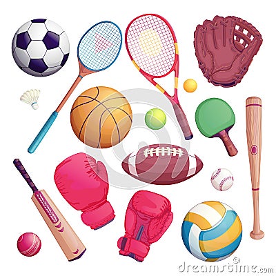 Sports equipment isolate objects. Vector cartoon illustration of football, soccer, tennis, cricket, baseball game Vector Illustration