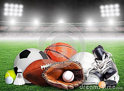 Sports Equipment For All Seasons in Stadium Background Stock Photo