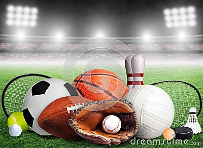 Sports Equipment, Rackets and Balls in Stadium Background Stock Photo